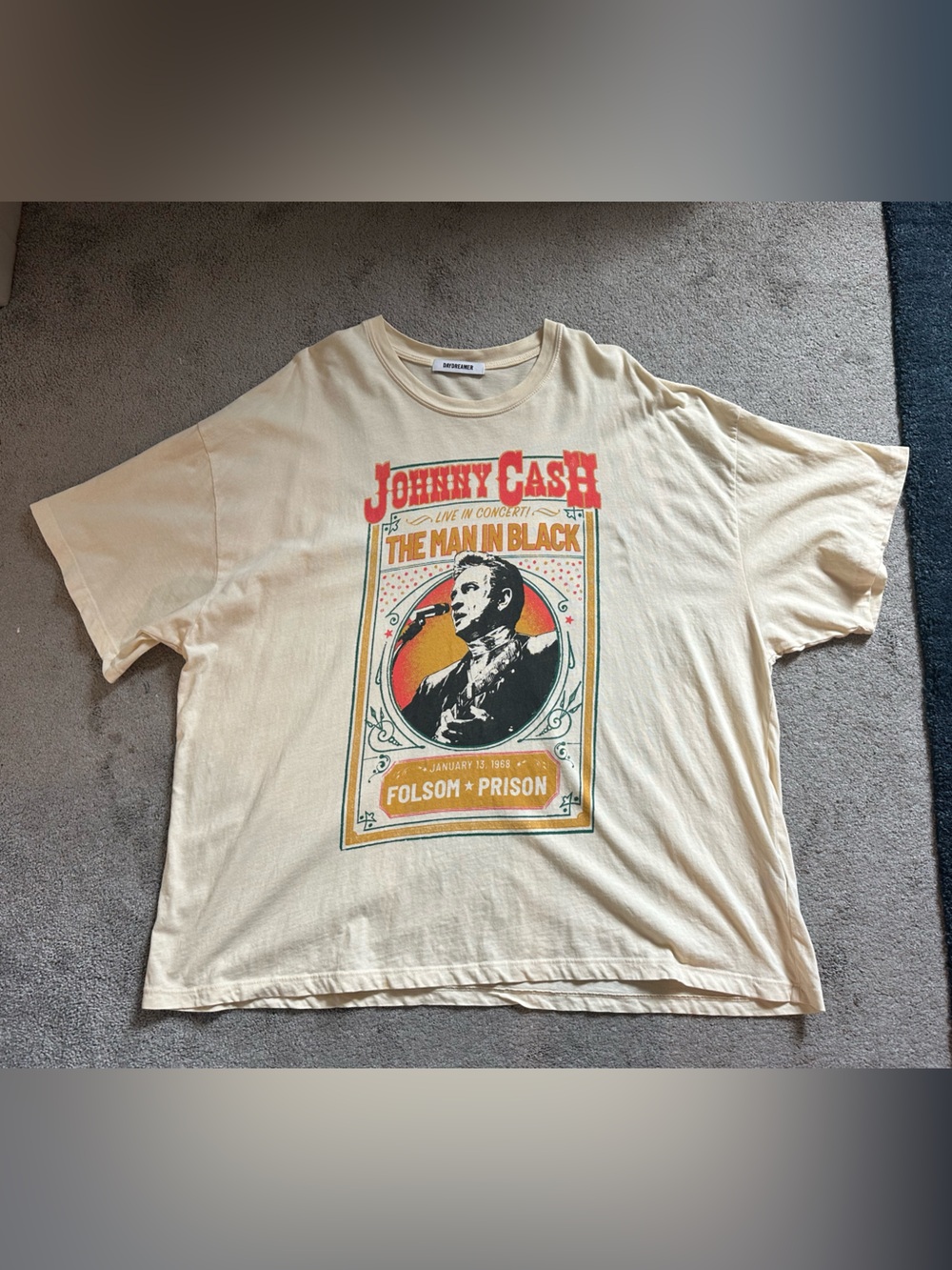 Daydreamer Tee Johnny Cash One Size Oversized Band Tee Cream/Orange 100% Cotton